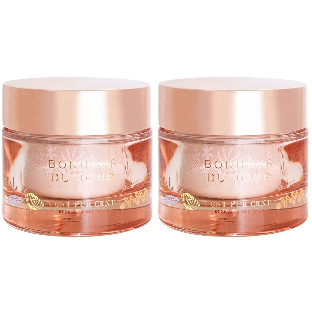 Deux pots ronds avec couvercles roses. On peut lire "BONHEUR DU JOUR" et "CENT PUR CENT" sur les pots.
