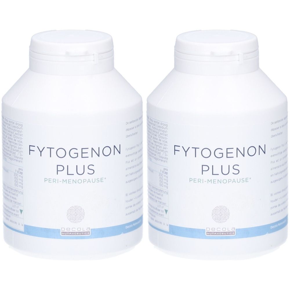 Deux flacons blancs avec l'inscription "FYTOGENON PLUS PERI-MENOPAUSE". En dessous, le logo Dr. Decola.