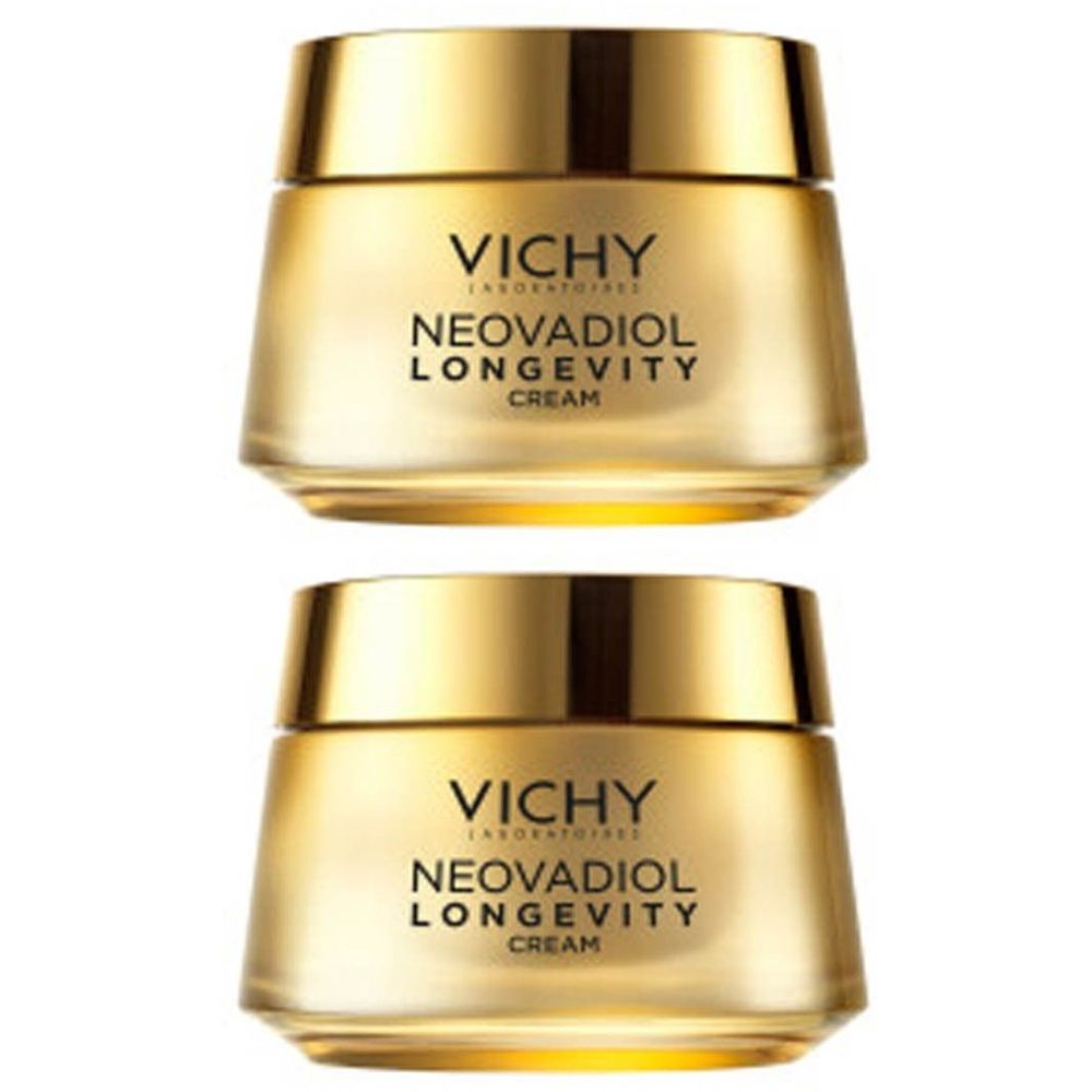Deux pots dorés. Inscription : Vichy, Neovadiol Longevity Cream. Couvercles dorés, contenants en verre.