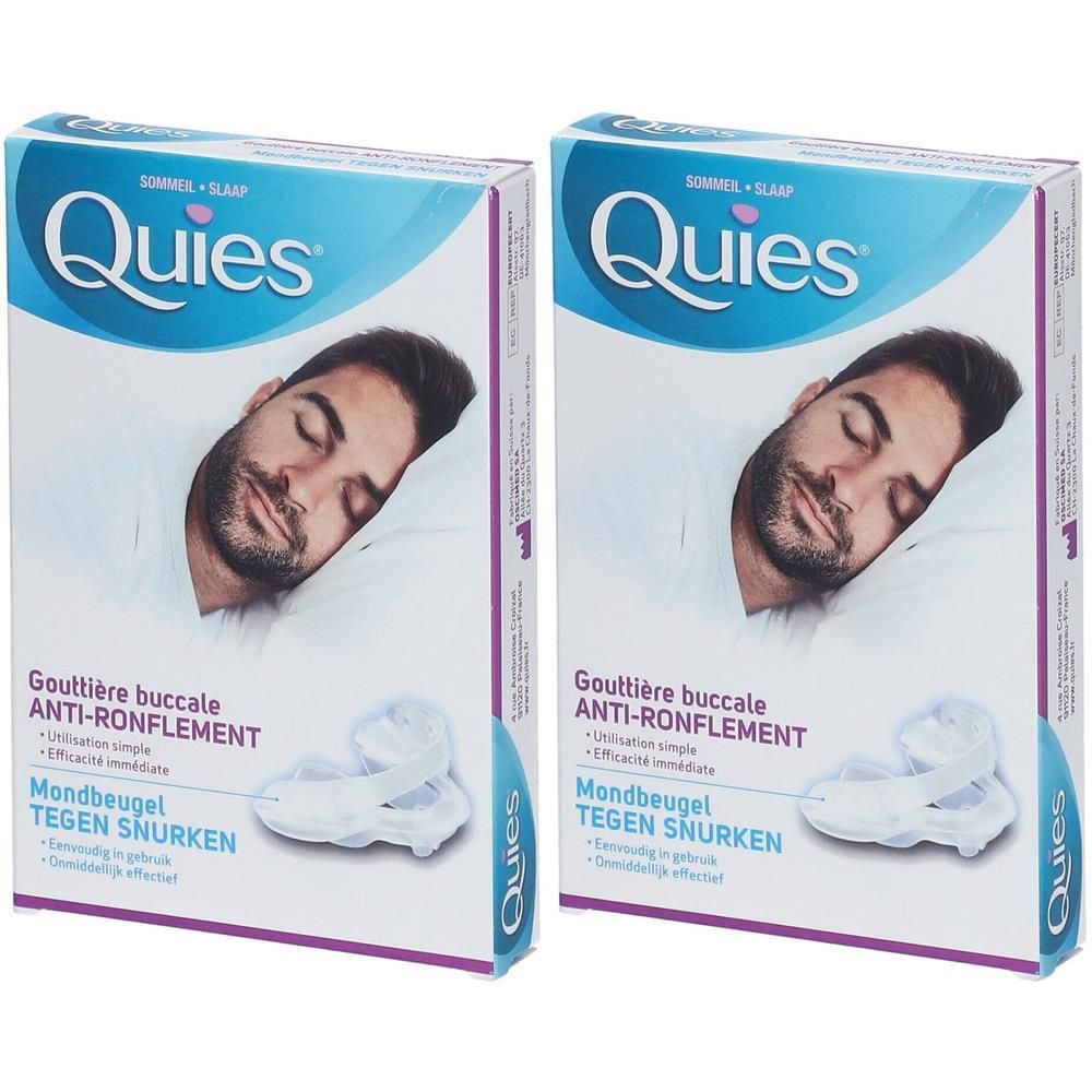 Deux boîtes de gouttières anti-ronflement Quies. Homme endormi sur l'emballage. Inscription: Gouttière buccale anti-ronflement.