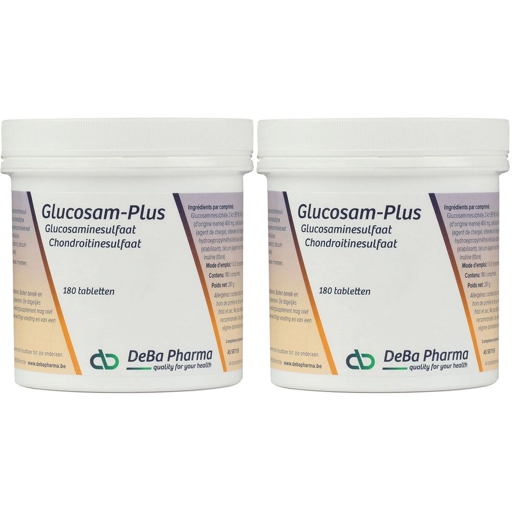 Deux pots blancs avec l'inscription "Glucosam-Plus", "Glucosaminesulfaat", "Chondroitinesulfaat" et "180 tabletten". Marque : DeBa Pharma.