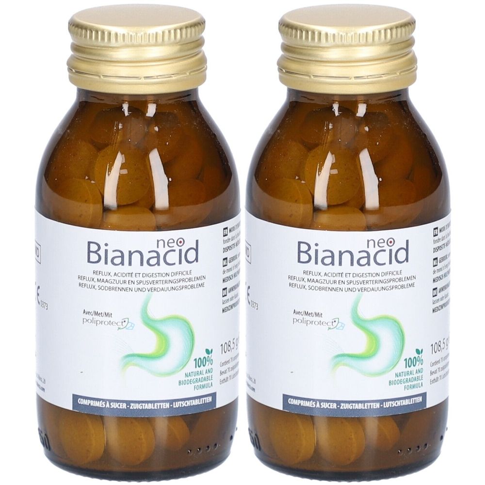 Twee bruine glazen flessen met gouden doppen. Op de etiketten staat "neo Bianacid".