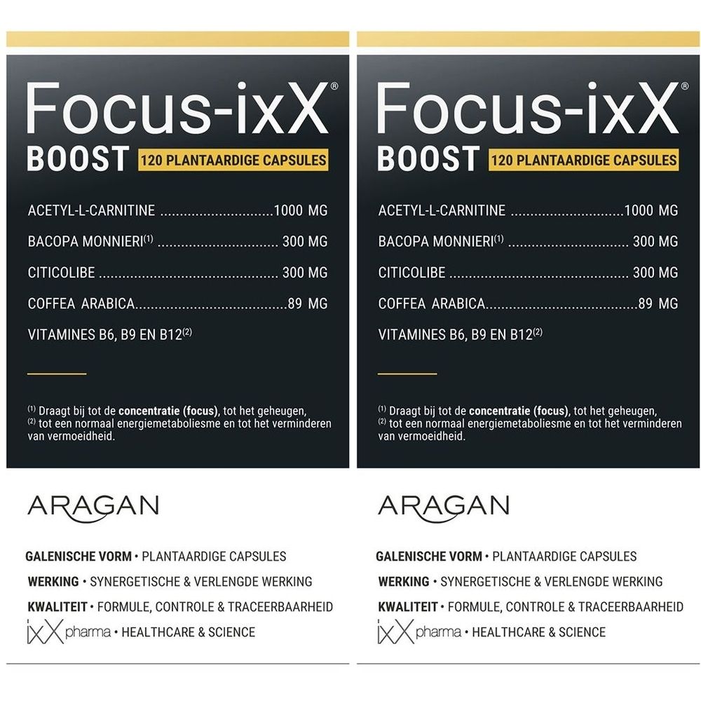 Twee verpakkingen Focus-ixX Boost. Zwarte verpakking met witte tekst. Bevat 120 plantaardige capsules. Ingrediënten zichtbaar.
