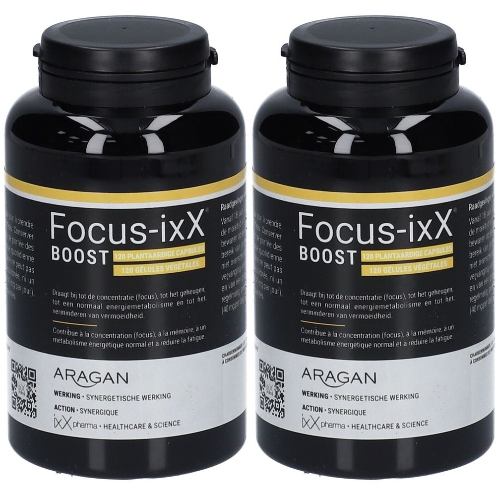 Twee zwarte flessen met geel etiket. Opschrift: Focus-ixX Boost. QR-code en merklogo.