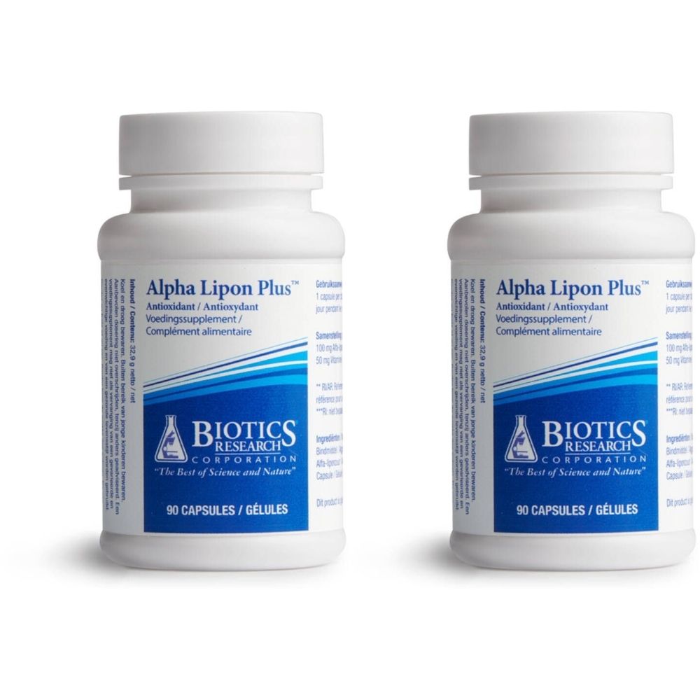 Twee witte flessen met de productnaam Alpha Lipon Plus. Opschrift: Biotics Research Corporation. 90 capsules/gélules.