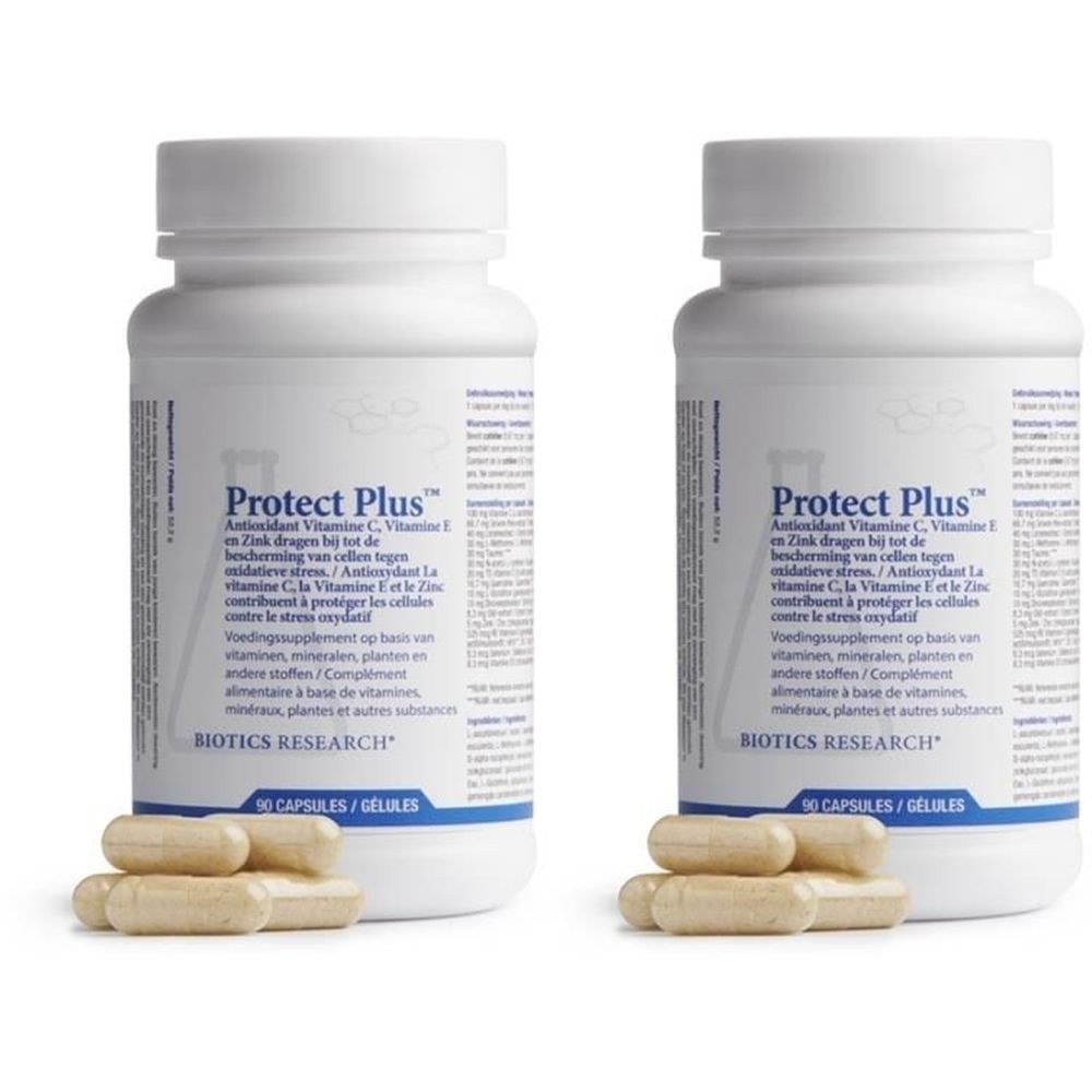 Twee witte flessen met "Protect Plus". Capsules ernaast. Opschrift: BIOTICS RESEARCH. 90 capsules/gélules.