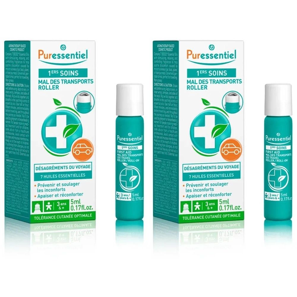 Deux boîtes et deux flacons. Inscription : Puressentiel, 1ers Soins, Mal des Transports Roller. Flacons avec applicateur roll-on.