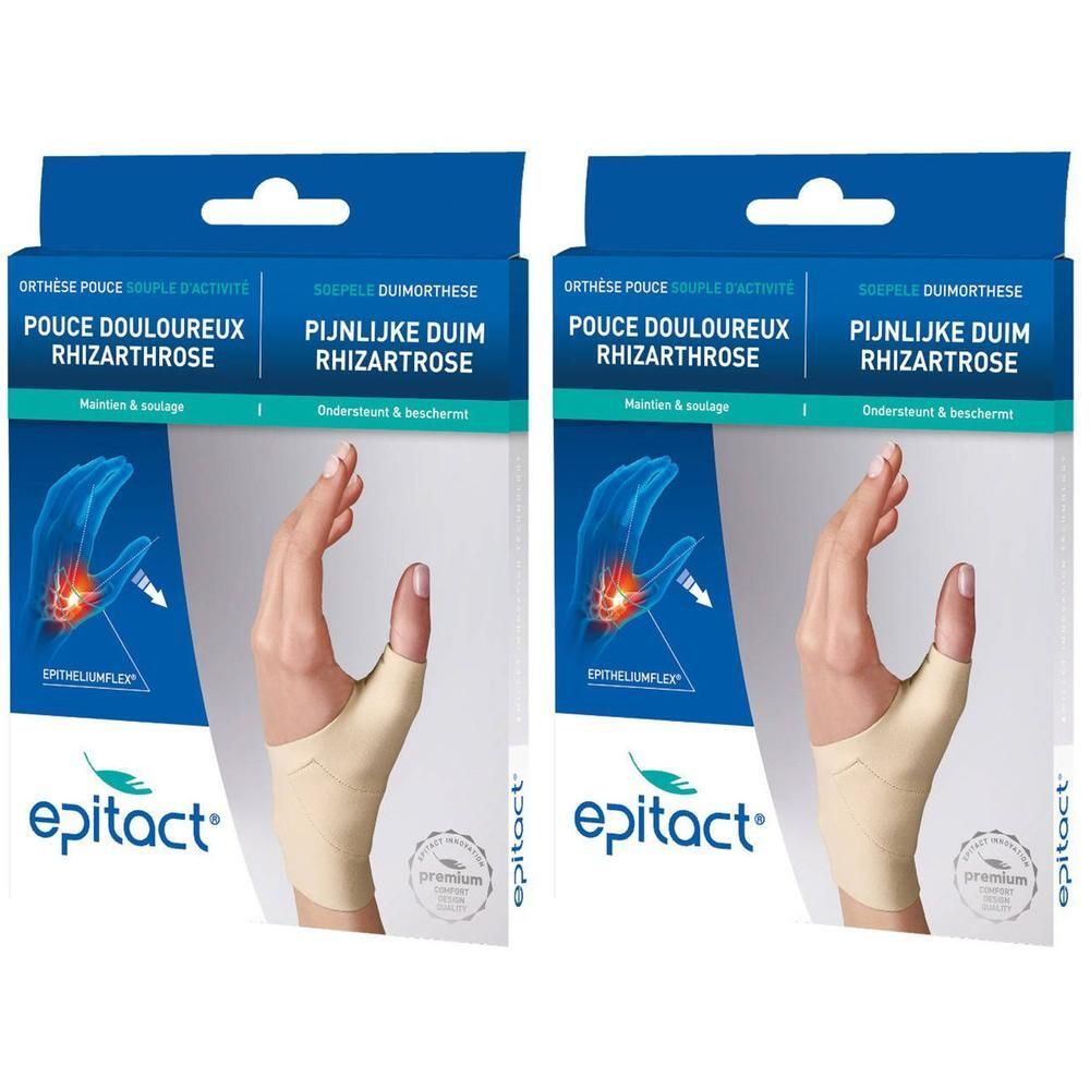 Twee verpakkingen Epitact® duimorthese. Beige, met productnaam en illustratie van een pijnlijke hand. Tekst in het Duits en Nederlands.