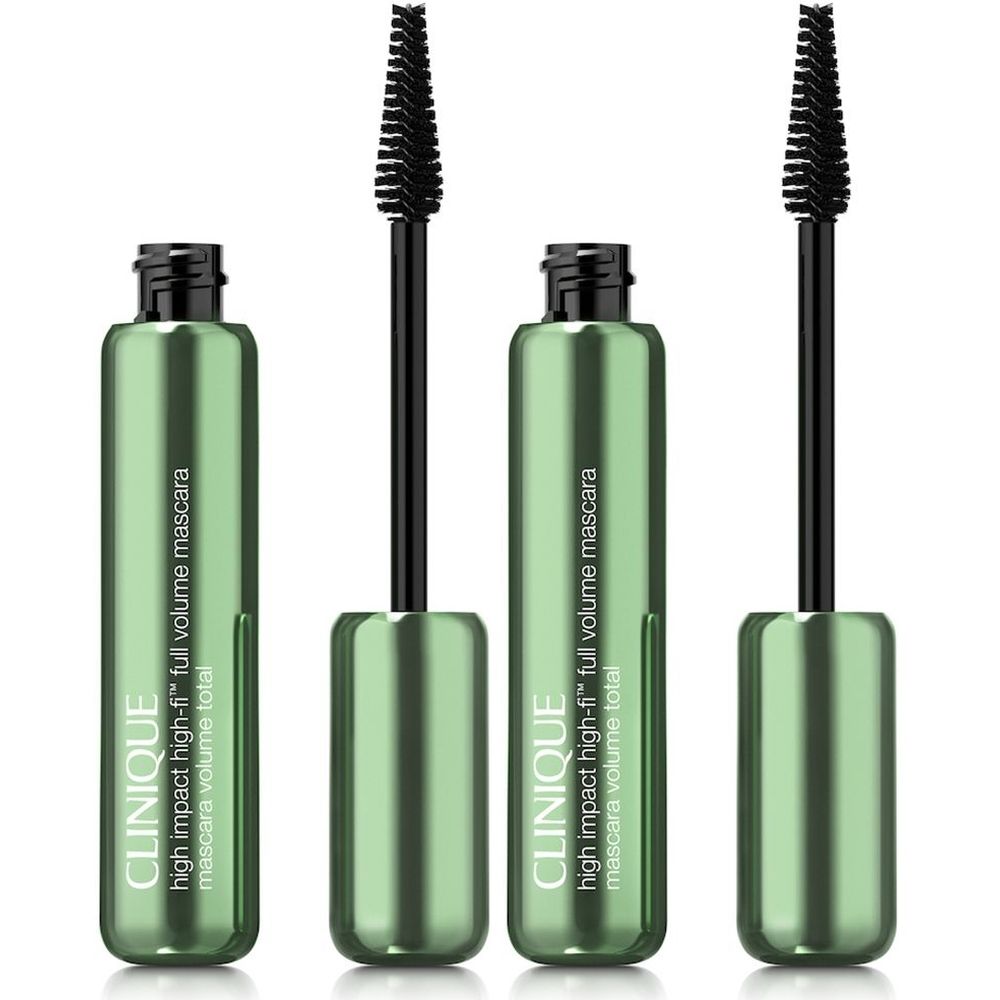 Flacons de mascara verts avec brosse noire. Inscription: Clinique High Impact High-Fi™ Full Volume Mascara. Mascara Volume Total.