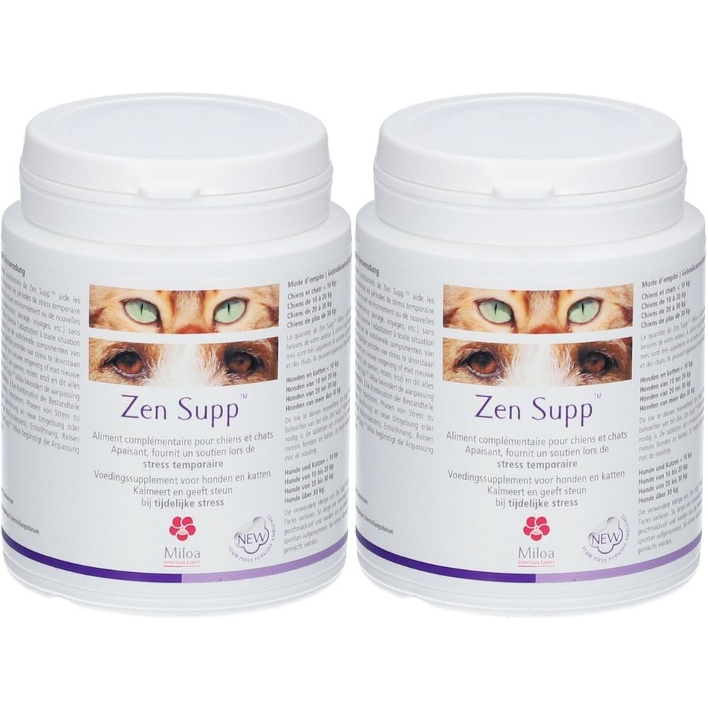 Twee witte potten met deksels. Opschrift: Zen Supp. Afbeelding van kattenogen. Voedingssupplement voor honden en katten. Merk Miloa.