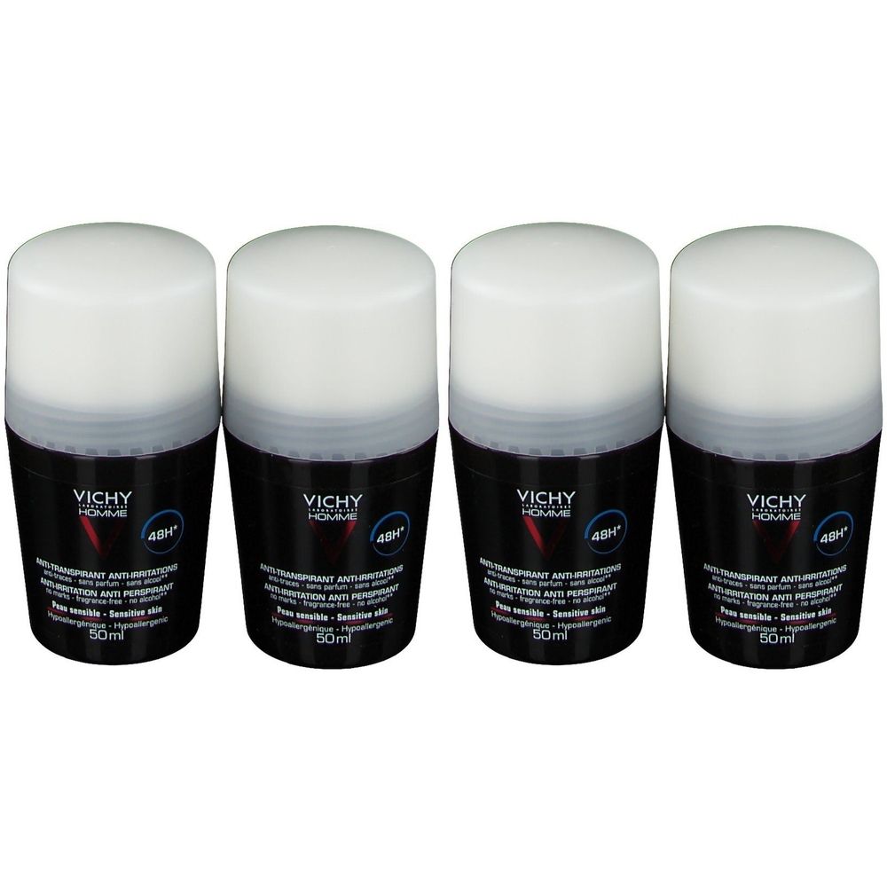 Vier deodorantrollers. Zwarte containers met witte deksels. Opschrift: Vichy Homme, 48H, anti-irritatie. Voor de gevoelige huid.