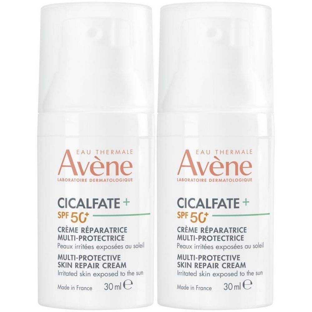Deux flacons blancs avec pompe. Inscription: Avène, Cicalfate+ SPF 50+, crème réparatrice pour peaux irritées. 30 ml.