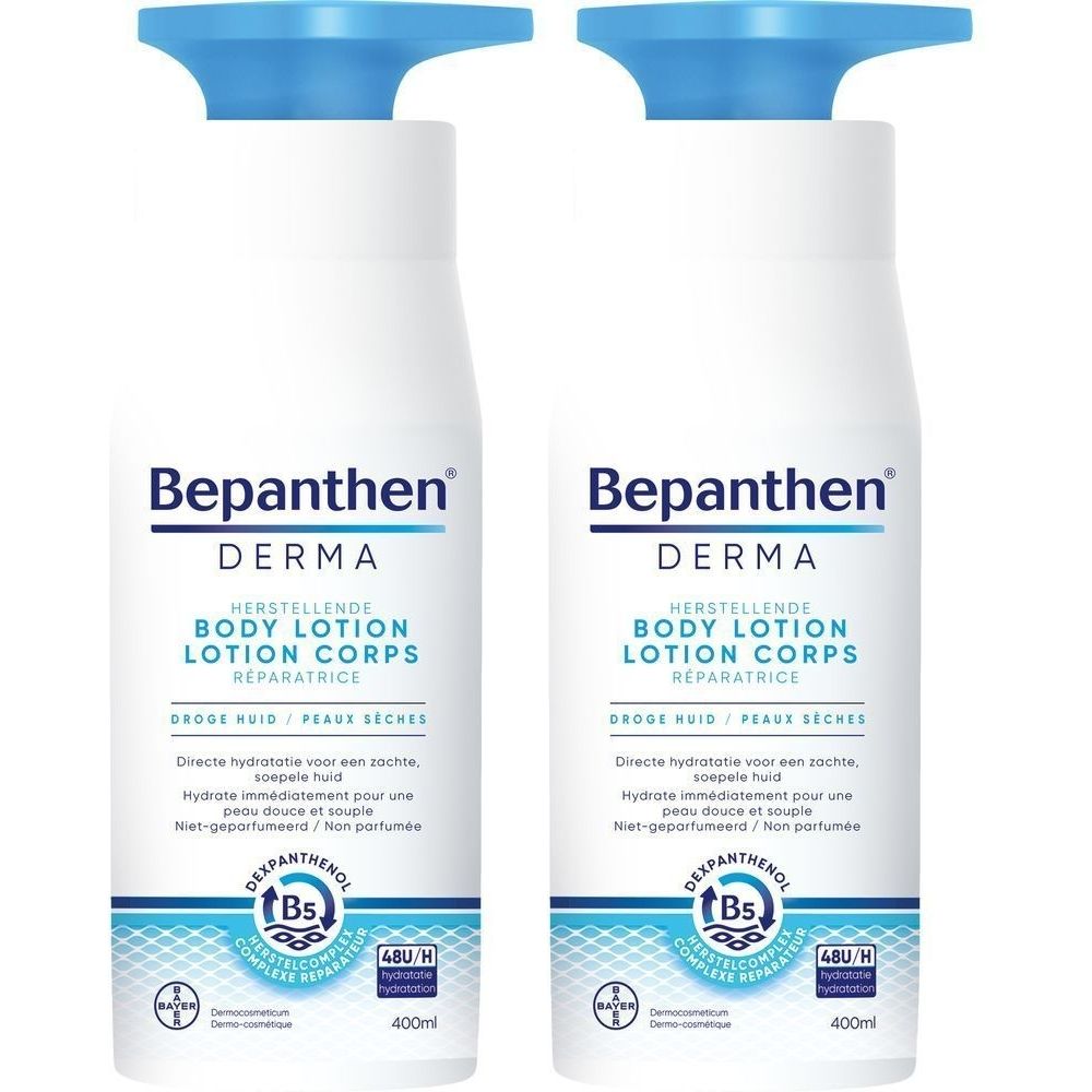 Deux flacons blancs de Bepanthen Derma Body Lotion. Pompes bleues. Texte: Body Lotion Corps Réparatrice, 400ml.