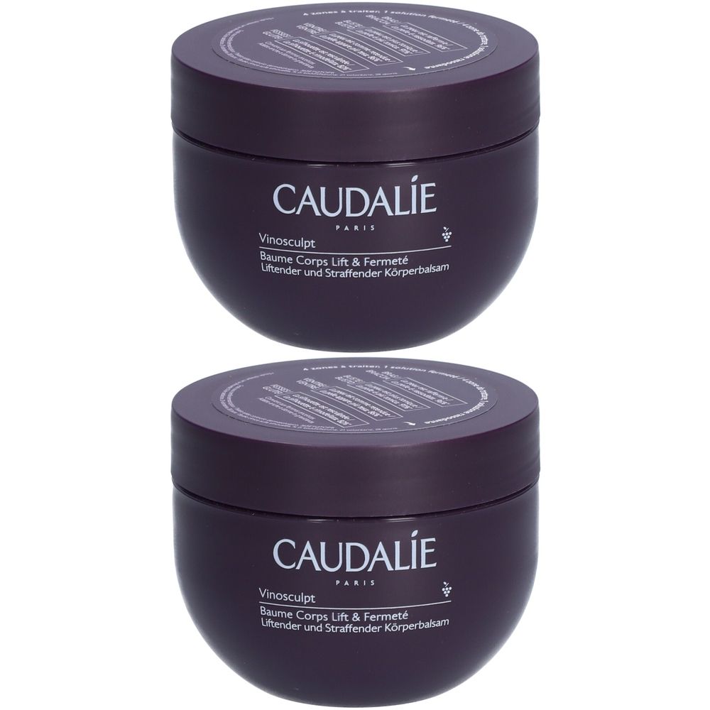 Twee ronde, donkerpaarse potten. Op de voorkant staat "CAUDALIE" en "Vinosculpt Baume Corps Lift & Fermeté".