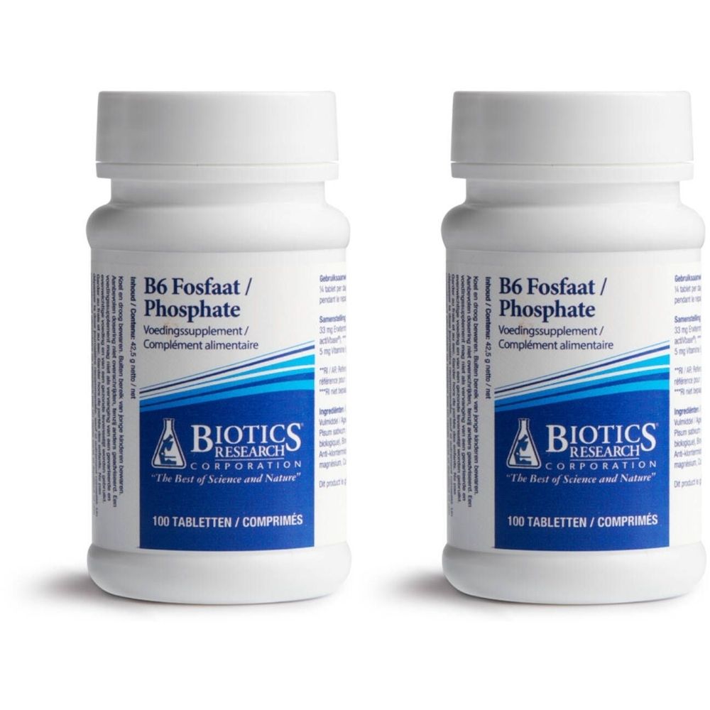 Twee witte flessen met schroefdop. Opschrift: B6 Fosfaat / Phosphate, Biotics Research Corporation. 100 tabletten.