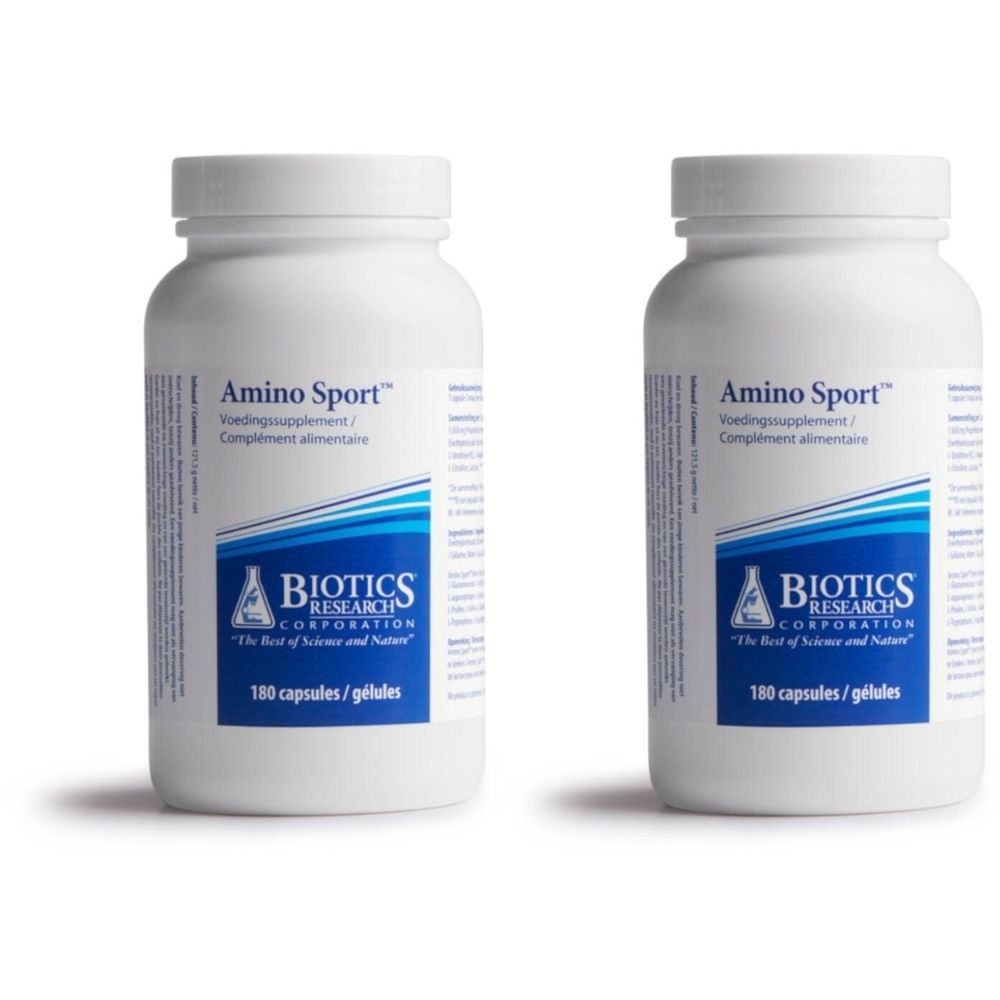 Twee witte flessen met schroefdop. Opschrift: Amino Sport, BIOTICS RESEARCH, 180 capsules. Voedingssupplement.