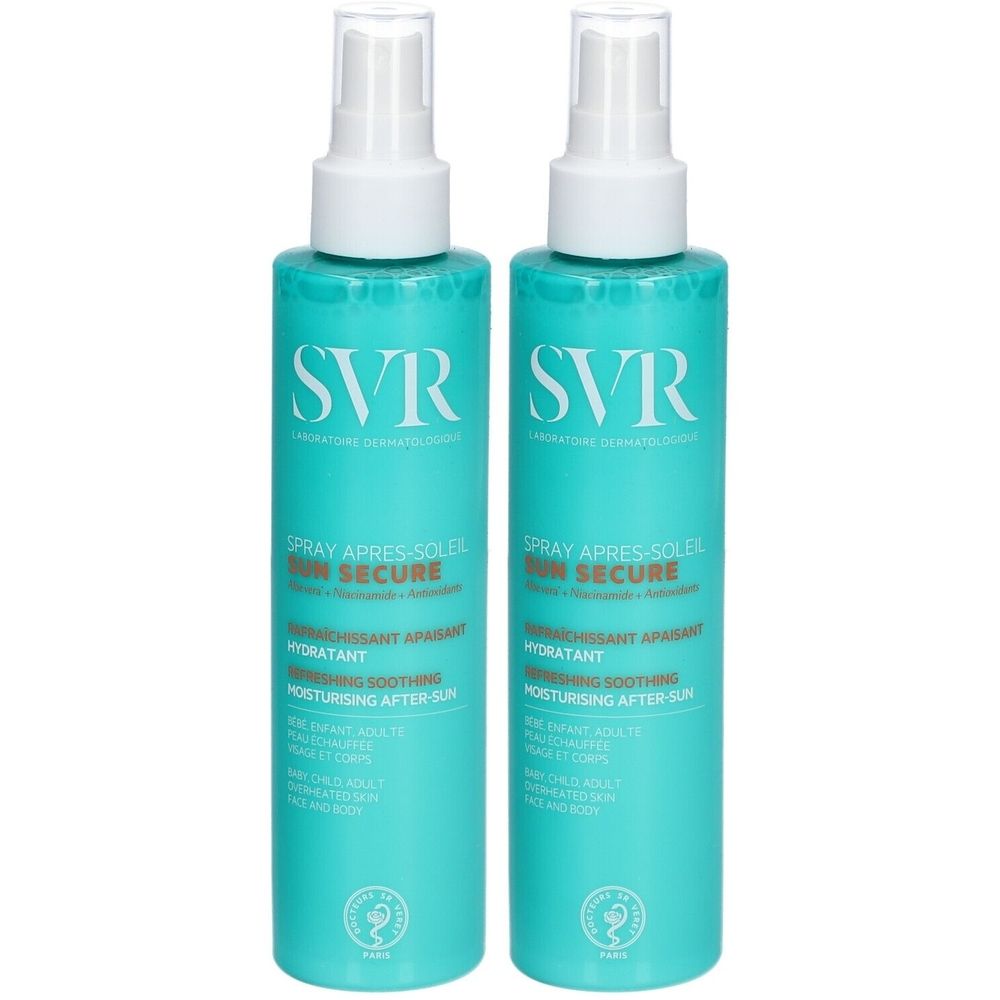 Twee SVR Sun Secure Aftersun sprays. Turquoise flessen met witte sproeikop. Opschrift: Spray Après-Soleil, Sun Secure.