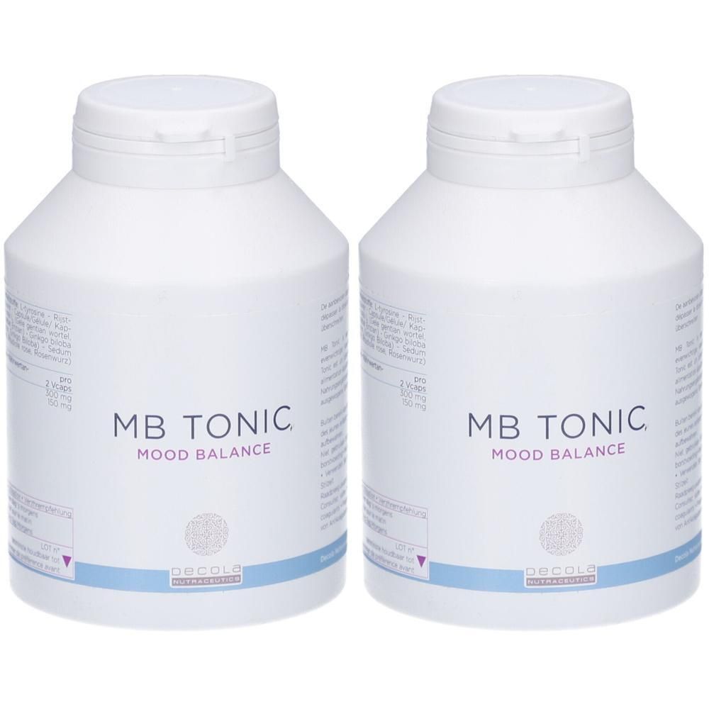 Twee witte flessen met doppen. Opschrift: MB TONIC MOOD BALANCE. Daaronder Decola Dermatologica.