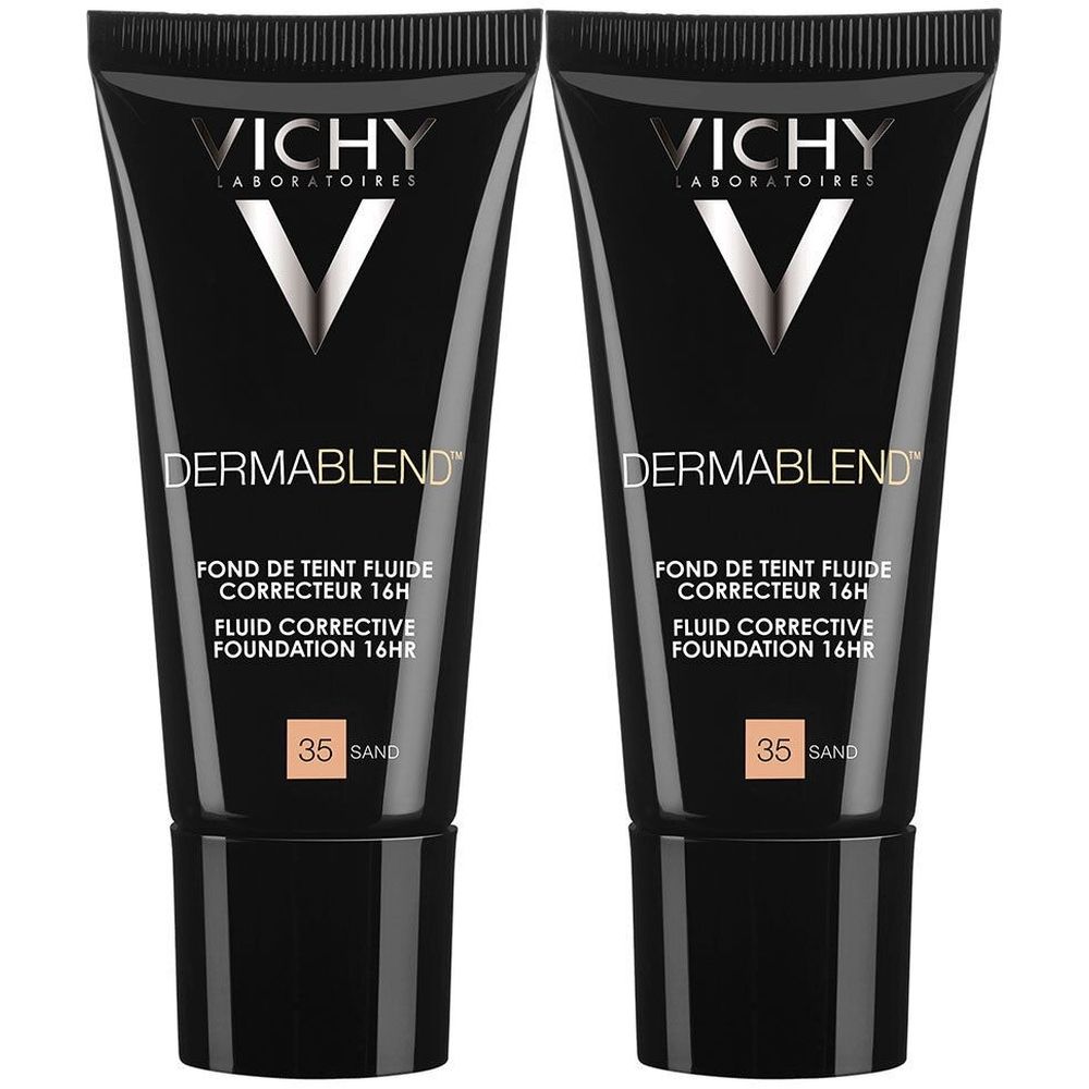 Twee tubes Vichy Dermablend foundation. Zwarte tubes met wit logo en productinformatie. Tint 35 Sand.