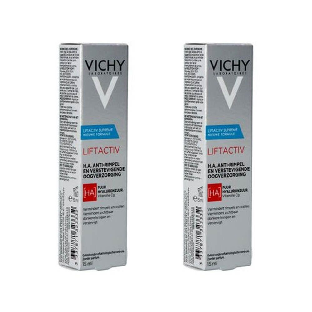Deux étuis rectangulaires. Inscription: VICHY, LIFTACTIV, soin anti-rides pour les yeux. 15 ml.