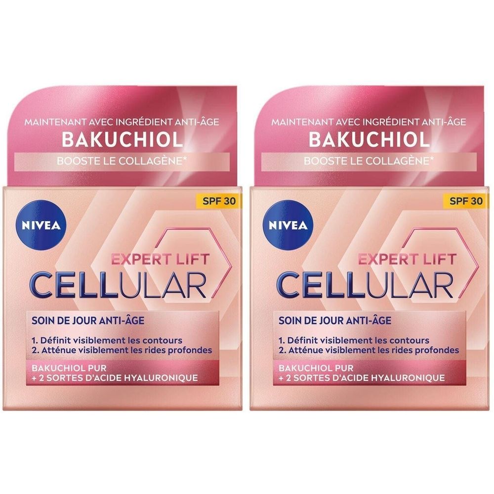 Deux boîtes de crème de jour Nivea Cellular Expert Lift. Ingrédients : Bakuchiol, SPF 30. Soin de Jour Anti-Âge. Contours et rides.