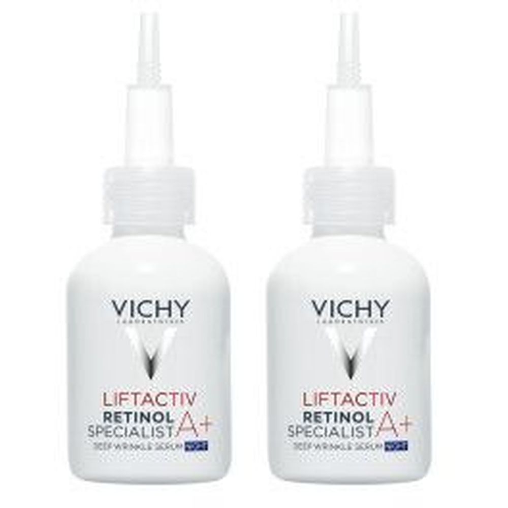 Deux flacons blancs avec applicateur. Inscription: Vichy, Liftactiv Retinol Specialist A+.