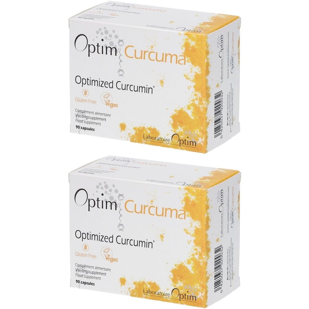 Deux boîtes blanches "Optim Curcuma". Contient "Optimized Curcumin", sans gluten et végétalien. 50 capsules.