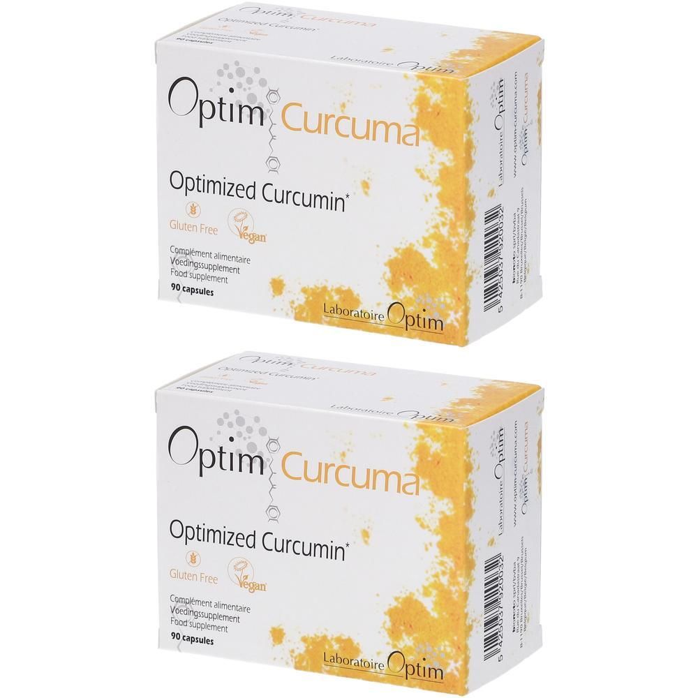 Twee witte dozen met "Optim Curcuma" logo. Opschrift: "Optimized Curcumin", "Gluten Free", "Vegan".
