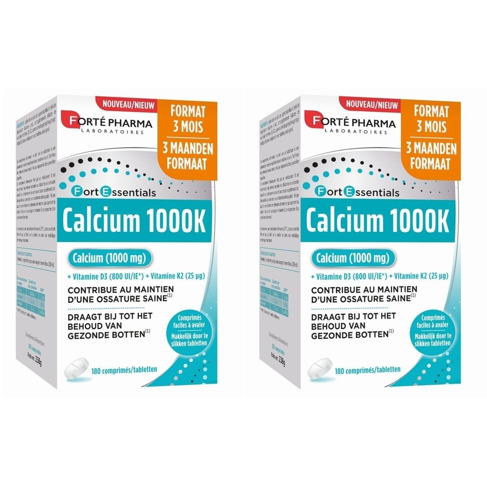 Twee dozen Forté Pharma Calcium 1000K. Witte dozen met blauwe en witte details. Bevat 100 tabletten.