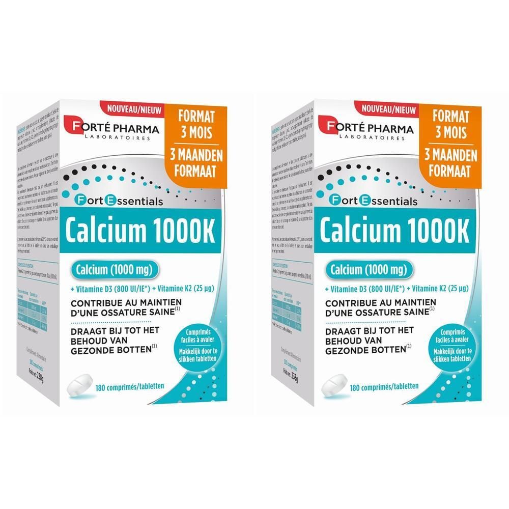 Deux boîtes de Forté Pharma Calcium 1000K. Comprimés blancs, 100 par boîte. Inscription : Calcium, Vitamine D3, Vitamine K2. Format 3 mois.