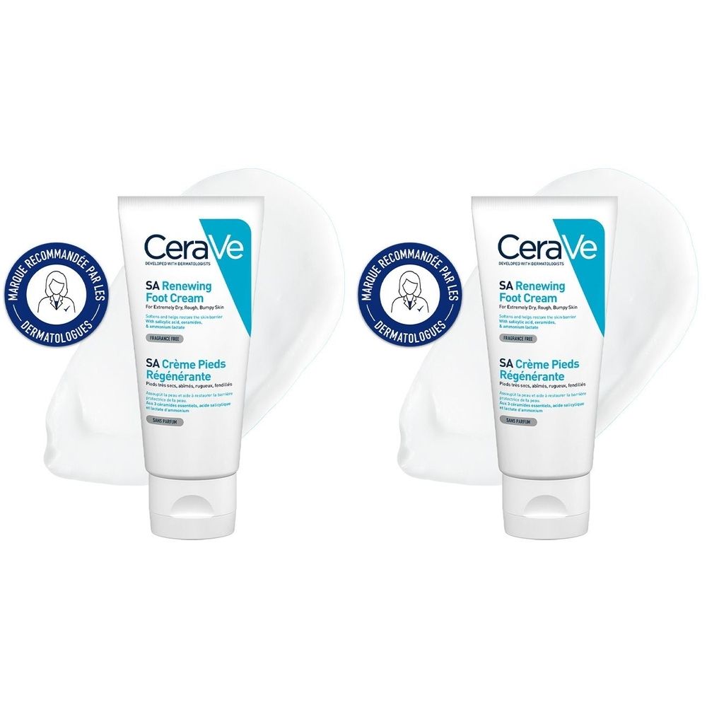 Deux tubes de CeraVe SA Crème Pieds Régénérante. Tubes blancs avec texte bleu. Testé dermatologiquement.