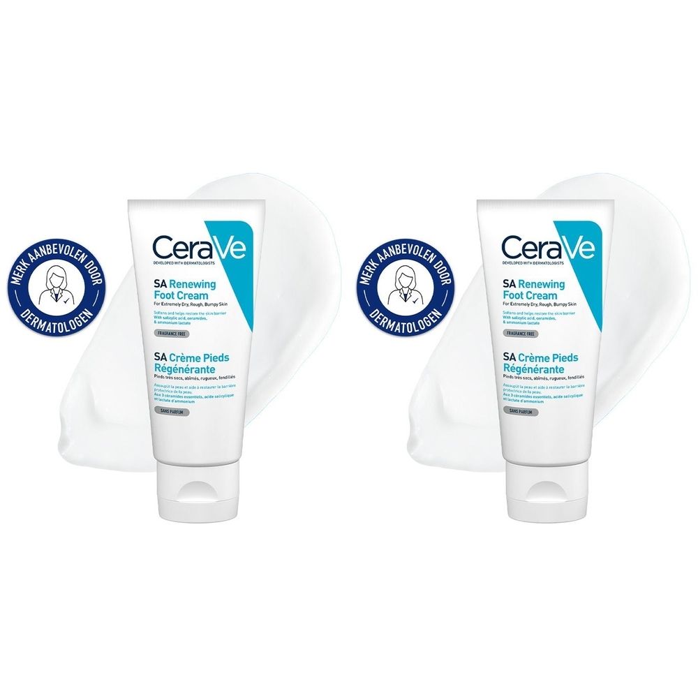 Twee tubes CeraVe SA Renewing Foot Cream. Witte tubes met blauwe tekst. Dermatologisch getest.