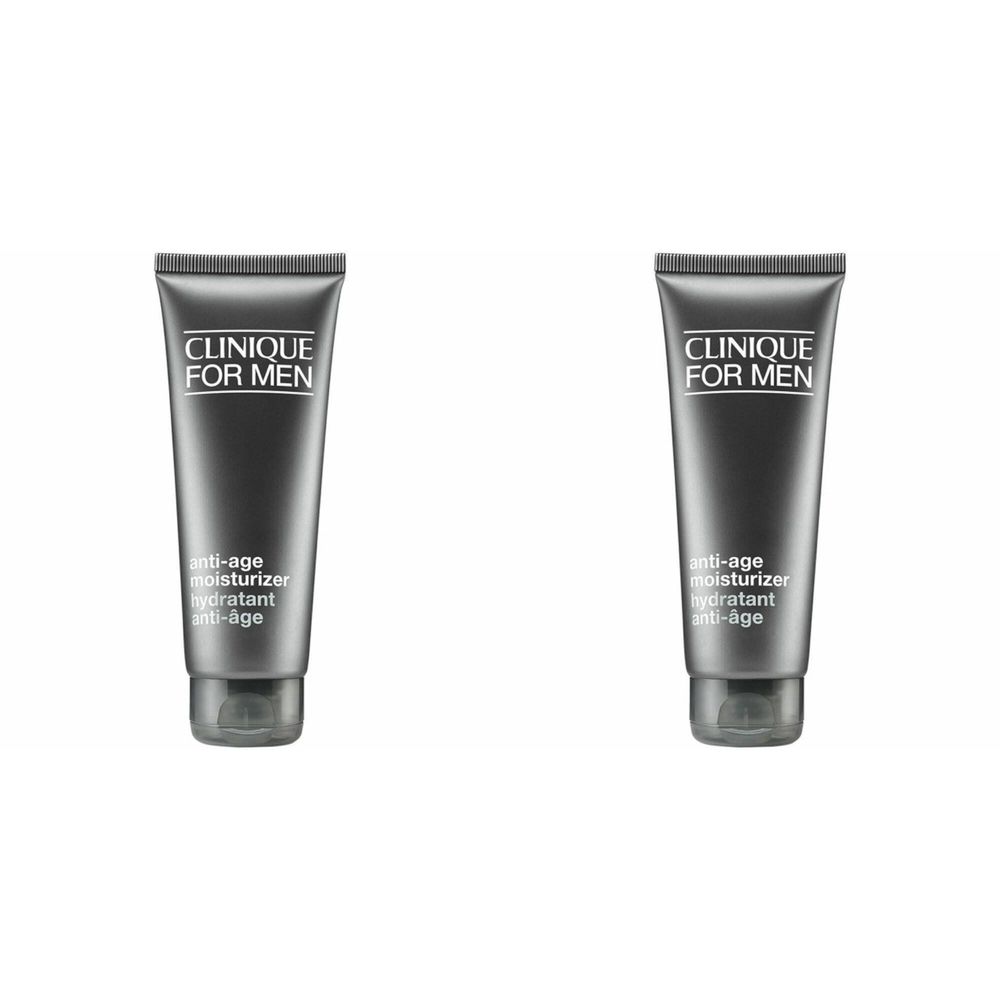 Twee grijze tubes met de tekst "CLINIQUE FOR MEN". Daaronder staat "anti-age moisturizer hydratant anti-âge".