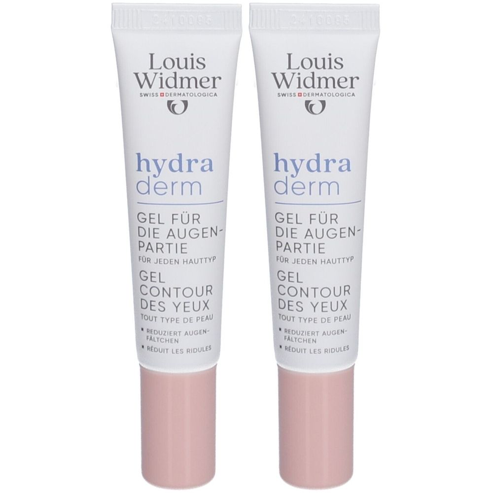 Deux tubes de gel Louis Widmer Hydraderm. Tubes blancs avec bouchon rose. Inscription: hydra derm, Gel pour le contour des yeux.