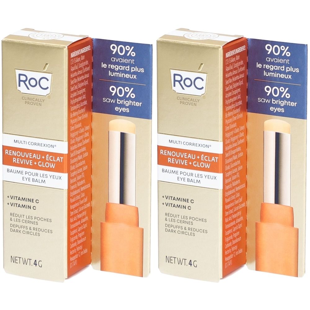 Twee verpakkingen oogverzorgingsstick met product- en merknaam. Oranje verpakking met productafbeelding.