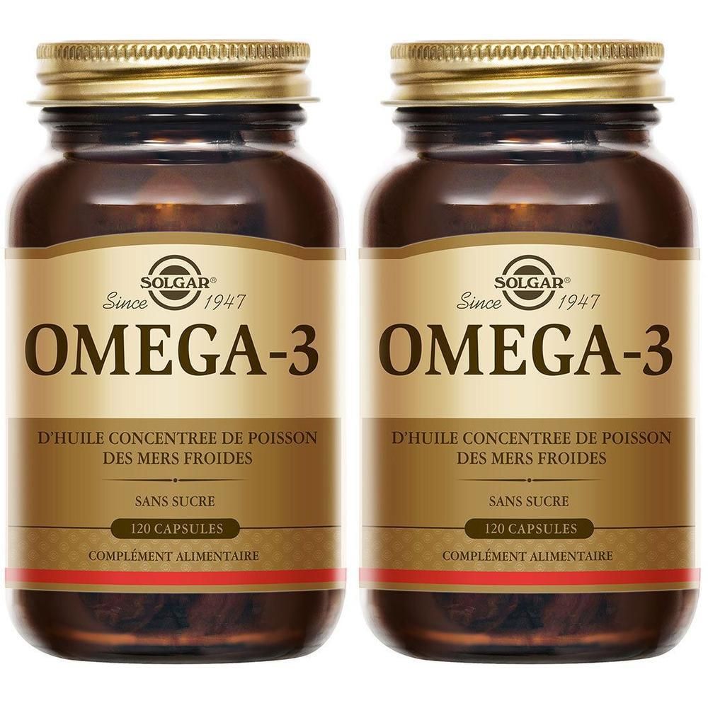 Deux flacons en verre brun avec bouchon doré. Inscription : Solgar Oméga-3, 120 capsules. Étiquette avec informations.