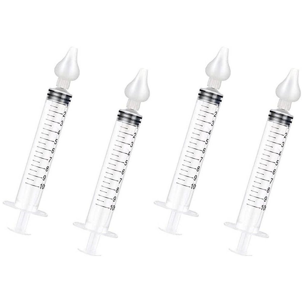 Quatre seringues nasales transparentes avec graduation et embout nasal.