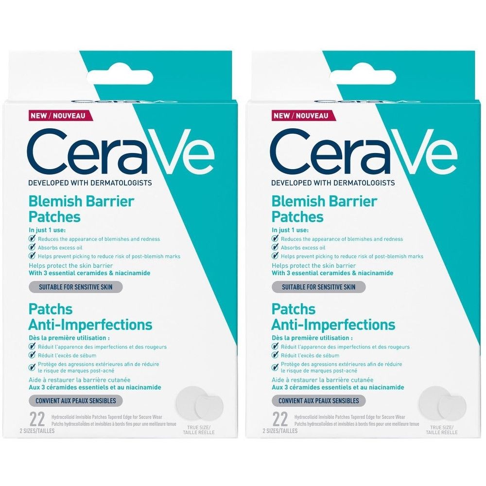 Twee verpakkingen CeraVe Blemish Barrier Patches. Witte verpakking met blauwe accenten. Bevat 22 pleisters. Tekst: Anti-Onzuiverheden.