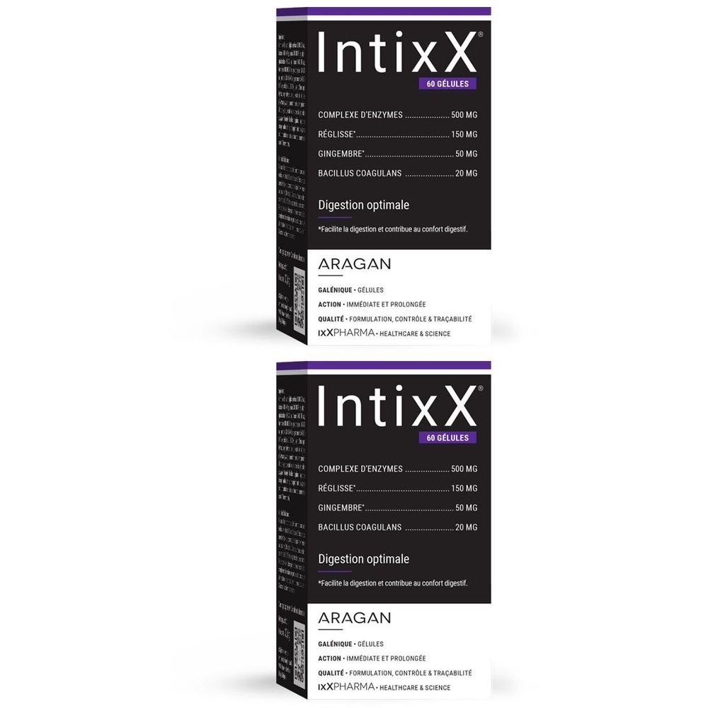 Deux boîtes IntixX, 60 gélules. Emballage noir avec texte blanc. Contient enzymes, gingembre et Bacillus coagulans.