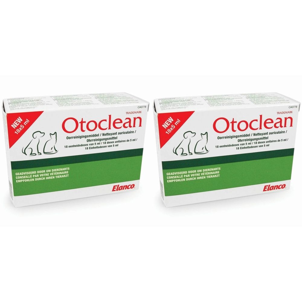 Twee dozen Otoclean. Opschrift Otoclean, met hond en kat. Merk Elanco. Opschrift 18x5 ml.
