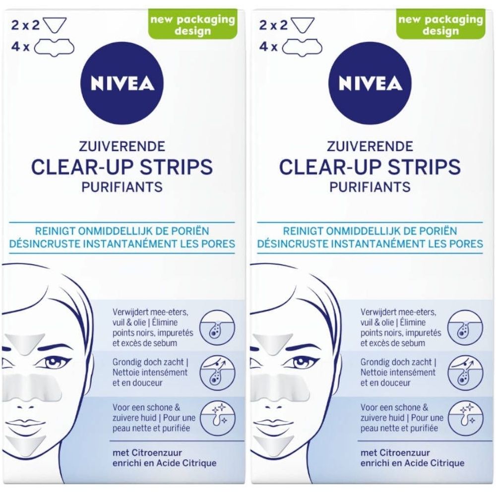 Deux boîtes de Nivea Clear-Up Strips. Emballage bleu avec texte blanc. Contient 4 strips. Nettoie les pores et élimine les impuretés.