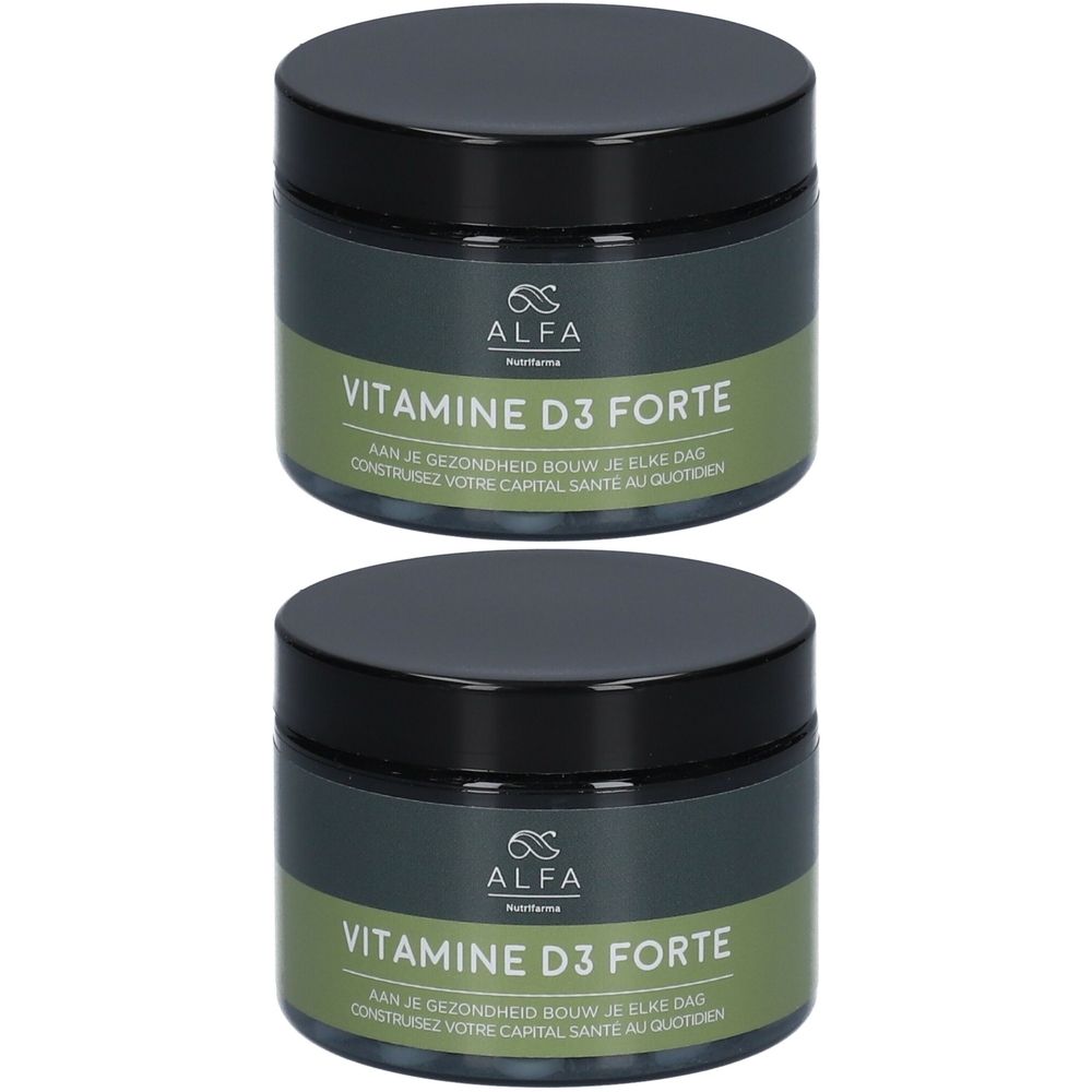 Deux pots ronds noirs avec couvercles. L'étiquette indique "ALFA VITAMINE D3 FORTE".