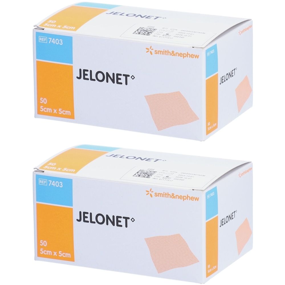 Deux boîtes de Jelonet 5cm x 5cm. Inscriptions: Jelonet, logo Smith & Nephew, 50 pièces, Ref 7403.