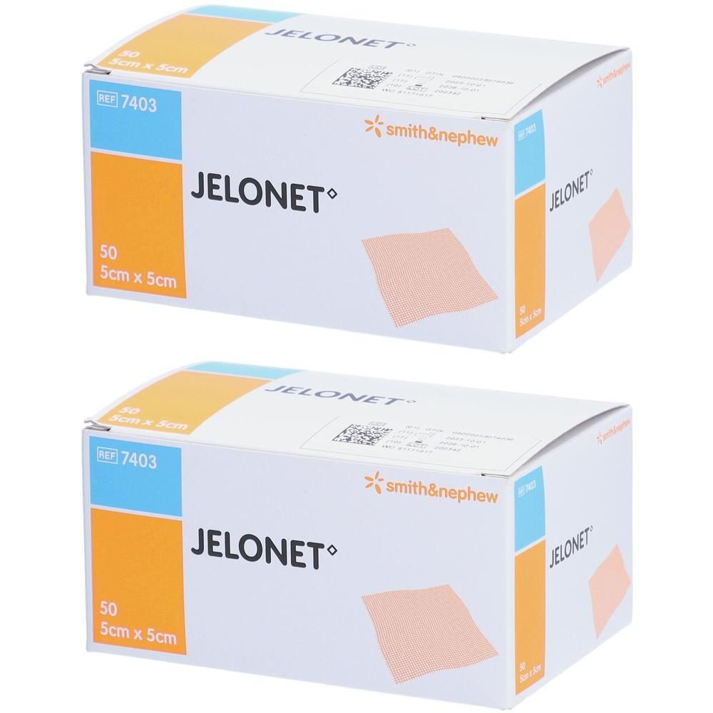 Twee dozen met Jelonet. Opschrift Jelonet, 50 stuks, 5 cm x 5 cm. Smith & Nephew logo.
