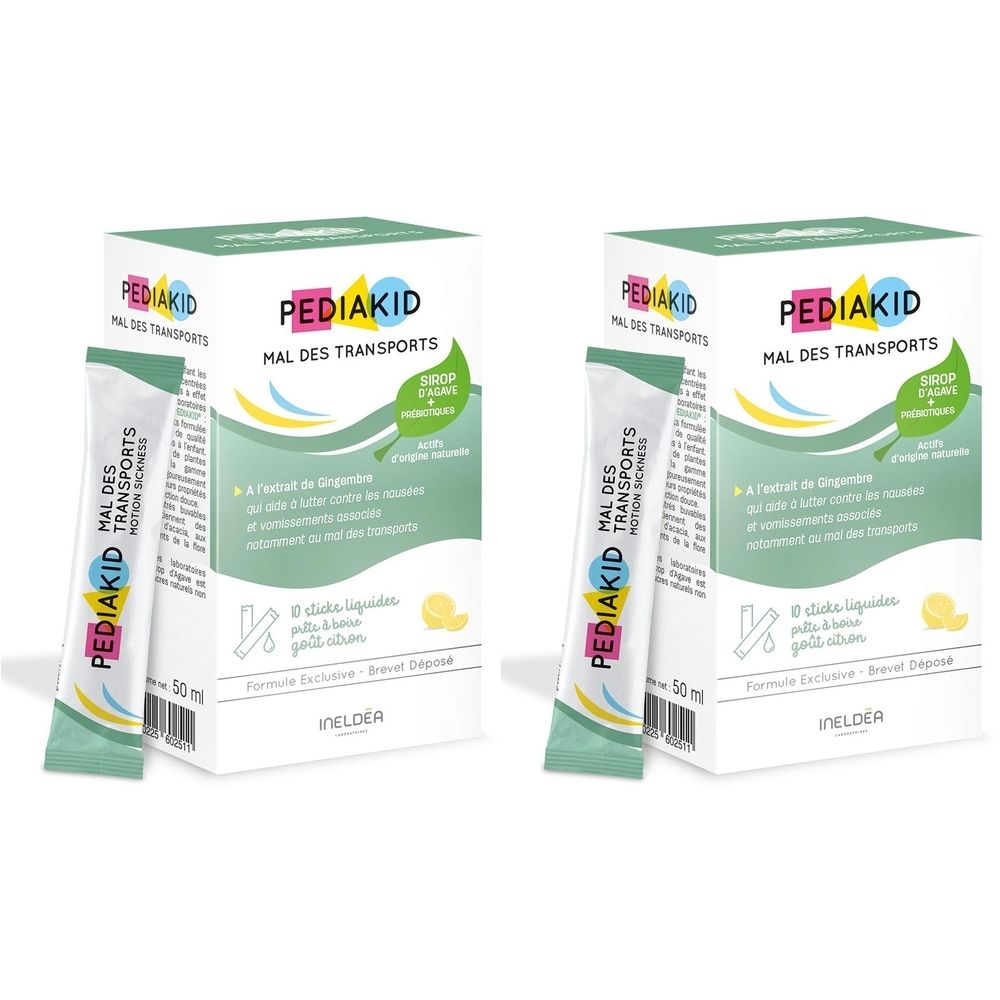 Twee dozen en twee sticks. Opschrift: Pediakid, Mal des Transports. Groene en gele elementen. 50 ml.