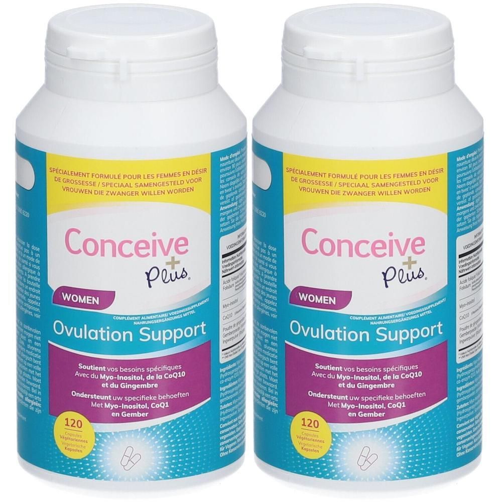 Twee flessen Conceive Plus Women Ovulation Support. Witte flessen met blauwe en roze etiketten. Tekst: 120 capsules.