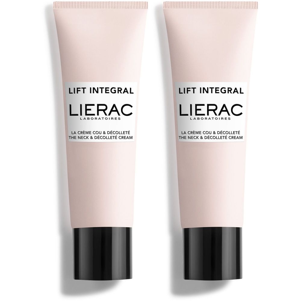 Deux tubes de crème Lierac Lift Integral. Inscription: La Crème Cou & Décolleté. Tubes roses, bouchons noirs.
