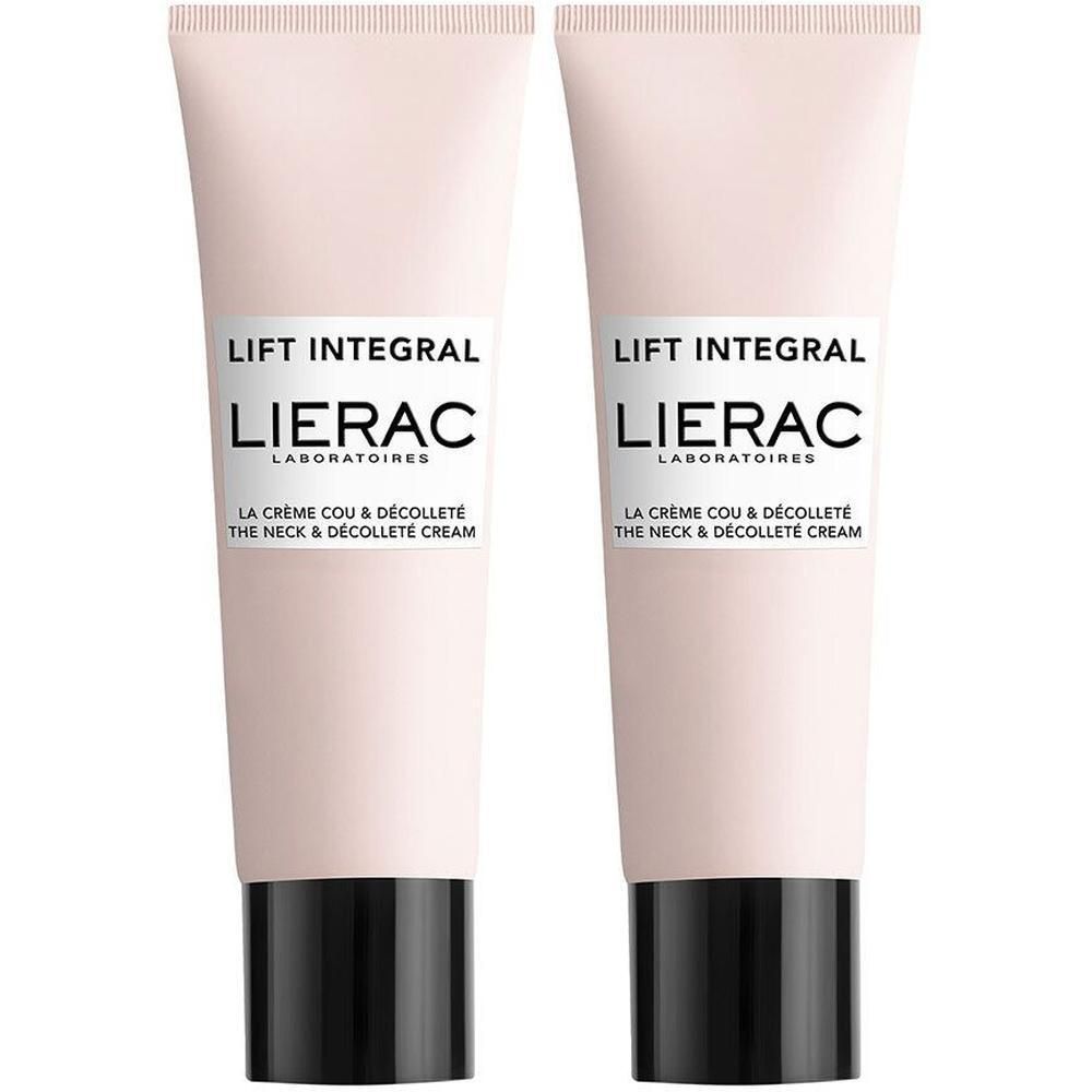Twee crèmetubes. Roze tube met zwarte dop. Opschrift: Lierac Lift Integral, La Crème Cou & Décolleté.