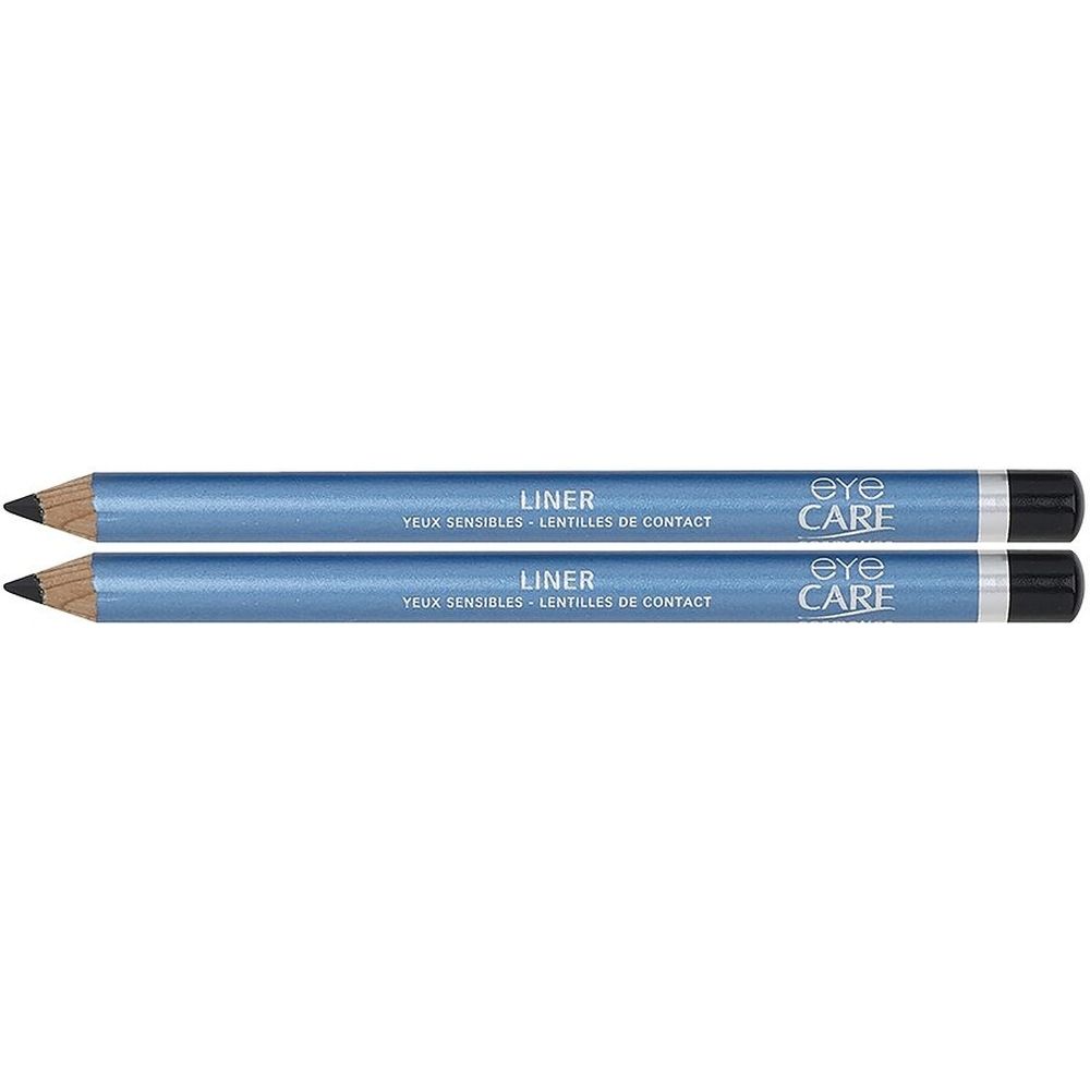 Deux crayons eye-liner bleus à pointe noire. Inscription : LINER, YEUX SENSIBLES - LENTILLES DE CONTACT, EYE CARE.