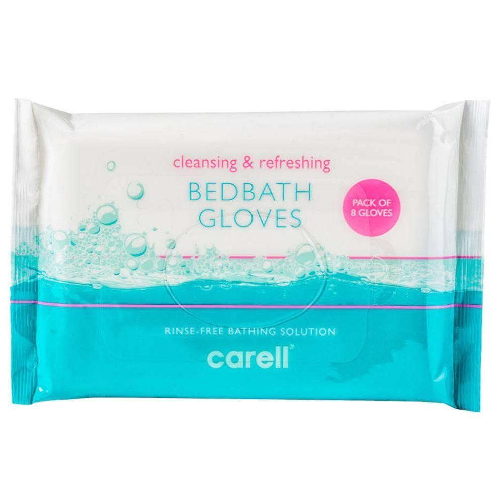 Paquet de gants de toilette. Texte : "Cleansing & Refreshing Bedbath Gloves". Marque : Carell. Paquet de 8 gants.